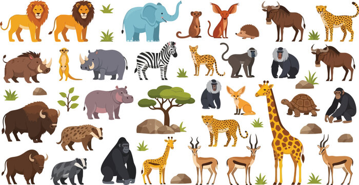 Diverse collection of illustrated African safari animals, including lion and giraffe