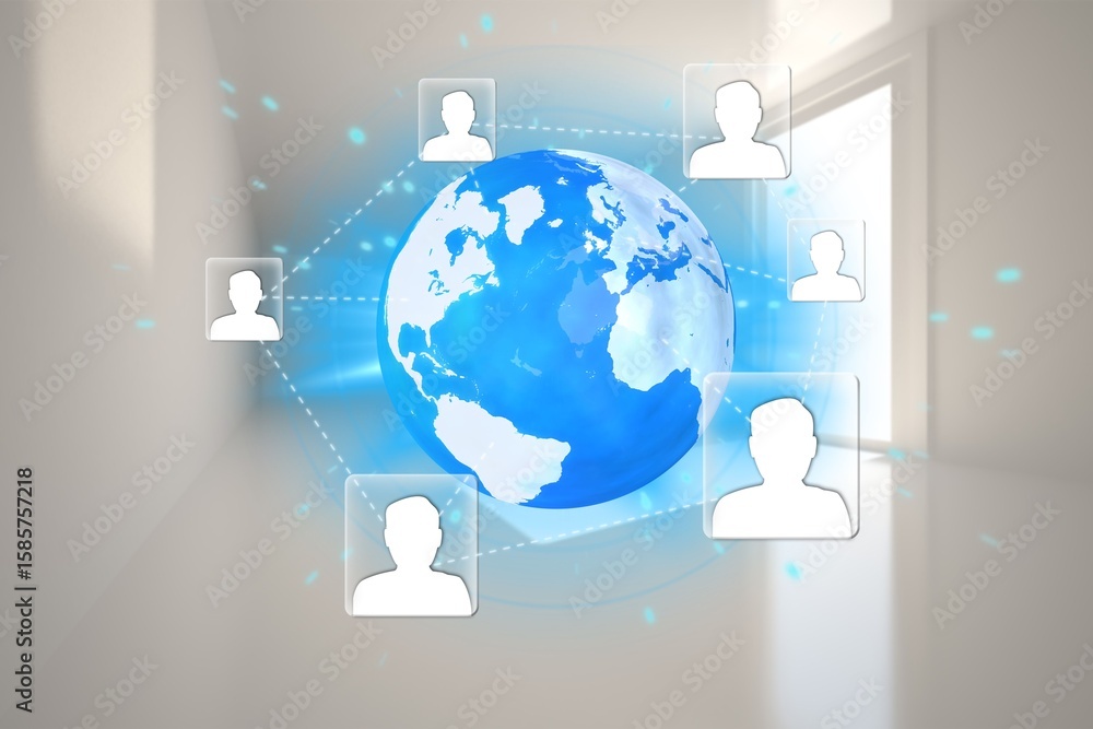 Poster showing glowing blue earth hologram floating in corridor in flat design while connecting user icons