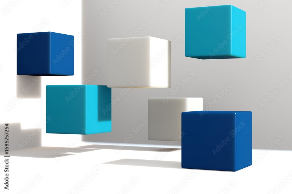 Poster six floating colored cubes are hovering in minimal white 3d studio render, casting crisp shadows