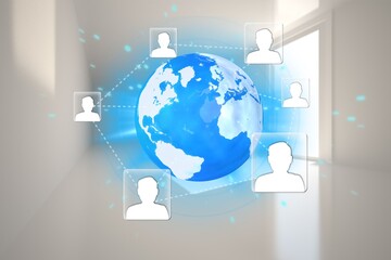 Showing glowing blue Earth hologram floating in corridor in flat design while connecting user icons