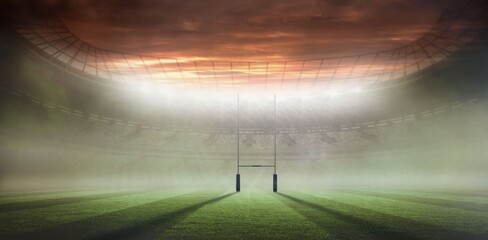 Flat design showing empty rugby stadium with goal posts, floodlights, grass pitch, drifting haze © vectorfusionart
