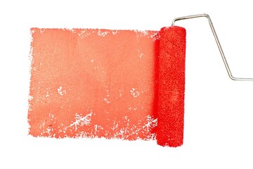 Red painting with roller over white background
