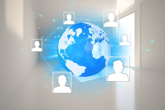 Naklejki Showing glowing blue Earth hologram floating in corridor in flat design while connecting user icons