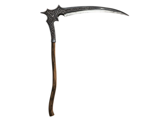 Ancient grim reaper scythe weapon with wooden handle isolated on transparent background