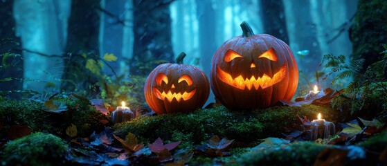 Fototapeta premium The glowing jack-o-lanterns illuminate a spooky forest scene at Halloween.