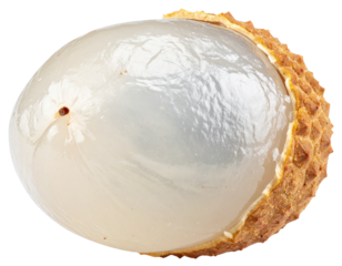Close up of a partially peeled longan fruit, revealing the translucent flesh and dark seed within, isolated on a transparent background