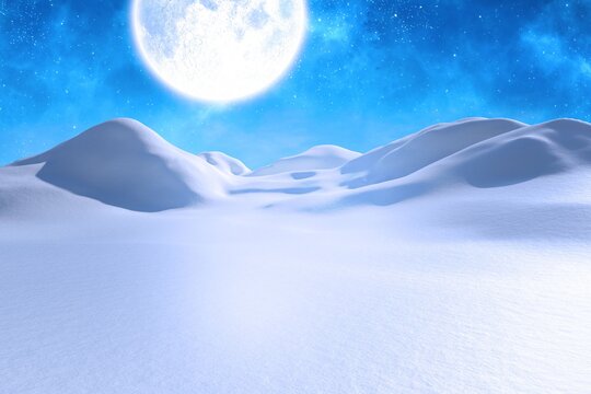 Naklejki Flat design scene is displaying serene snowy dunes rolling under glowing full moon and stars