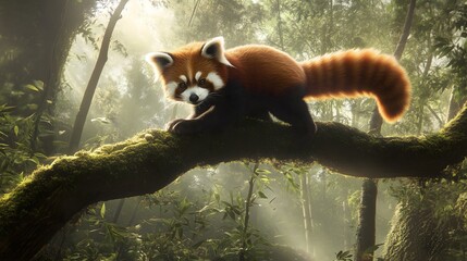 Fototapeta premium A charming red panda rests on a thick moss covered branch in a vibrant sunlit misty green forest