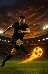 Naklejka premium Intense soccer player kicking glowing ball in dramatic sunset stadium. Concept of power, determination, competition, energy, sports marketing, emotion, and dynamic performance.