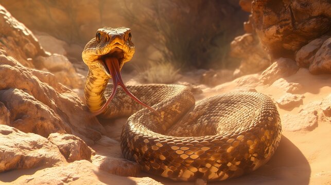 Golden scaled snake with an extended forked tongue is coiled defensively in a sunlit sandy desert with rocky terrain - Powered by Adobe