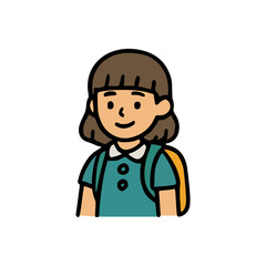 Cute young girl in school uniform with yellow backpack, cartoon student character with brown hair and happy face