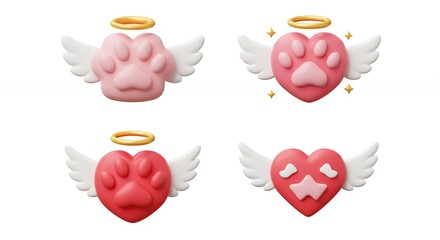 Cute cartoon paw prints and hearts with wings