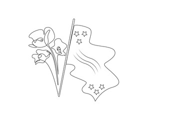 happy Veterans day continuous line art drawing, Poppy Flowers and Flag Continuous Line Drawing