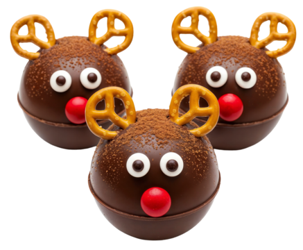 cute reindeer chocolate bombs with pretzel antlers and red noses