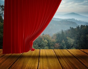 Red velvet curtain is revealing misty forest and mountain valley on wooden stage in flat design