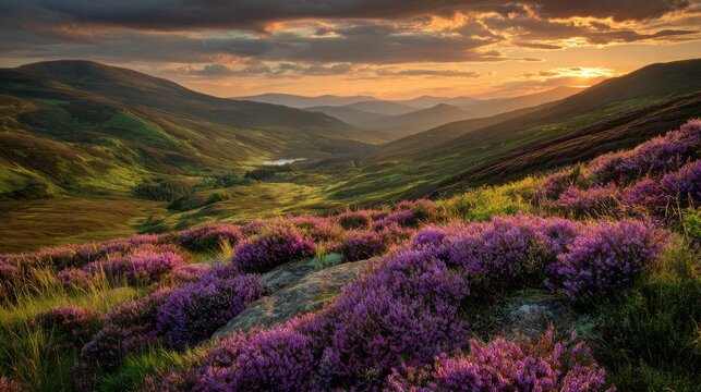 High-quality photo of sunset over scottish highlands landscape with purple heather blooms green rolling hills lochs leading to distant mountains beauty. - Powered by Adobe