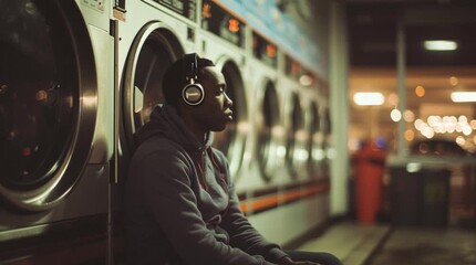 Young man casually sitting on a washing machine in a retro laundromat. Urban, laid-back vibe—ideal for youth lifestyle content, fashion editorials, social media visuals, and modern city branding.
- Powered by Adobe