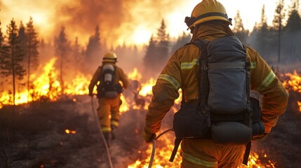 Naklejka premium Firefighters in protective gear bravely advance towards a raging wildfire, showcasing their dedication and courage. The intense flames and smoky atmosphere highlight the challenges faced by these her