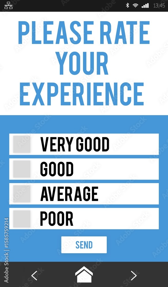Poster flat smartphone rating prompt ui is showing on clear background, blue bars, send button, copy space