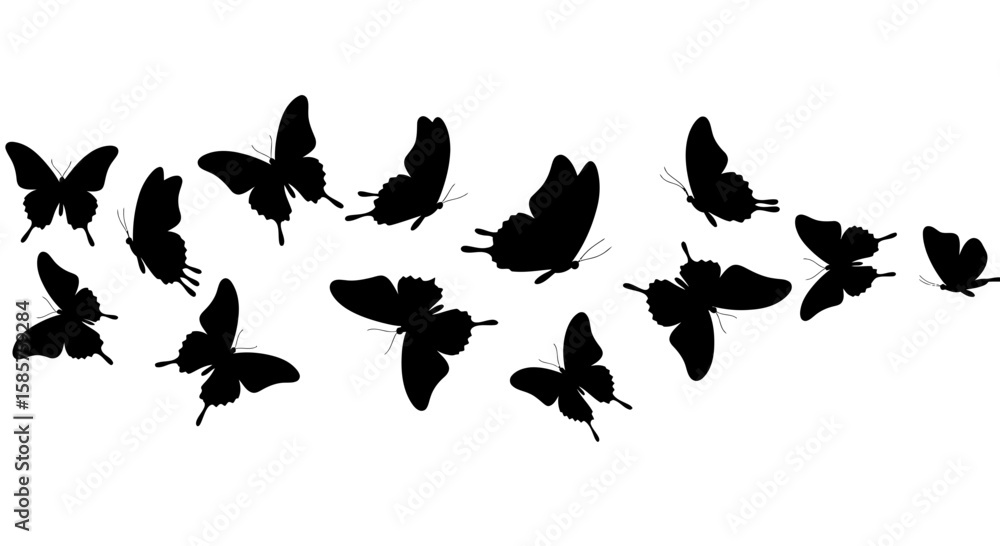Poster silhouette of butterflies flying in formation creating an elegant pattern