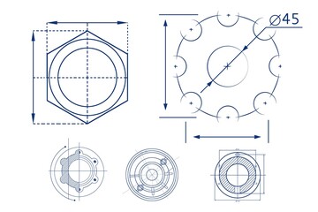 Graphic is showing line-art schematics on white with hex nut, flange and small parts drawings