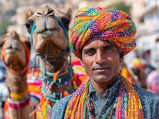 Fototapeta premium a man in a colorful turban and a camel in the background, in a city square, with a crowd of people