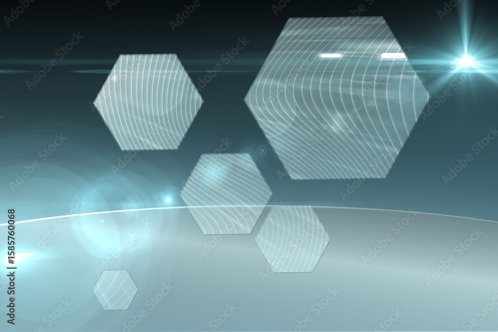 Aufkleber abstract ui is showcasing floating translucent hexagons with wavy lines, lens flares over horizon