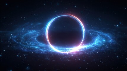 vibrant photo of loop motion of glowing neon ring and dark galaxy star background. Cyber Futuristic High Speed light zoom. Circles laser show fashion. Backdrop.