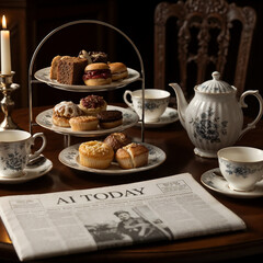 Elegant afternoon tea setup with tiered pastries, fine china teapot, and vintage newspaper "AI TODAY" arrangement.
