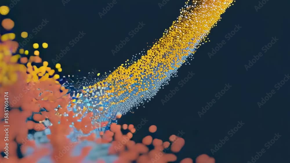 Poster colorful particles swirling in a dynamic wave against a dark background in an artistic composition