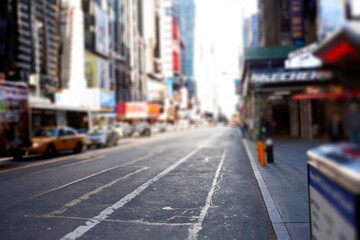 Sunny city street is being illustrated in flat design, with parked yellow taxis and blurred figure