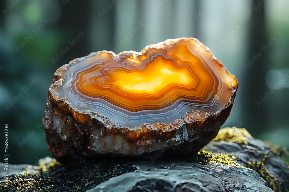 Aufkleber glowing orange and brown agate crystal slice on dark stone with moss, illuminated from behind showin