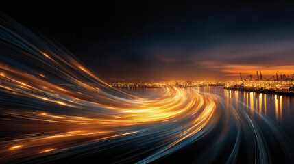City Lights at Dusk: Dynamic streaks of light create a mesmerizing effect over a cityscape, reflecting on the water, evoking a sense of speed and the vibrant energy of urban life.