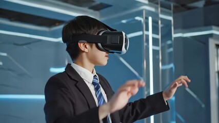 A young Asian businessman in a suit uses a VR headset for a virtual meeting or data visualization in a futuristic office; concept for the metaverse in business - Powered by Adobe