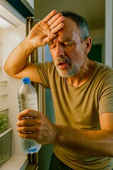 Mature man opening fridge to grab water bottle, sweat on brow, slightly out of breath, realism and emotion everyday heat survival