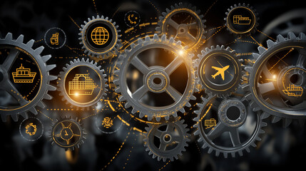 Industrial Gears in Motion: A mesmerizing close-up of interconnected gears, interplaying intricate cogs and symbolic icons against a dark background, representing the core elements of logistics.