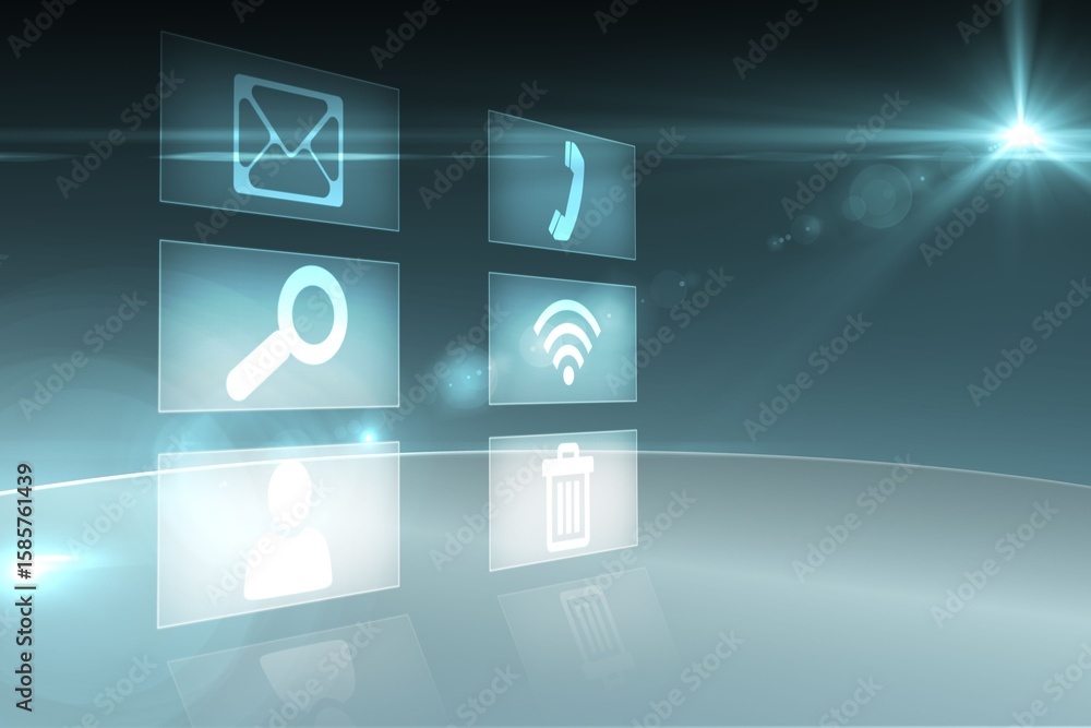 Poster futuristic 3d render hologram icon panels are floating above reflective base over gradient backdrop