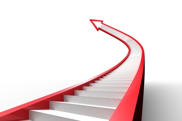 3D stylized red-bordered white staircase arrow is curving upward in blank white space, copy space