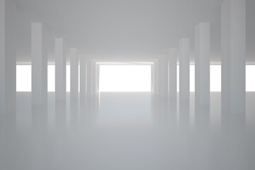 Flat design hall is featuring tall pillars reflecting on glossy floor leading to bright portal