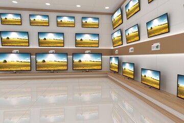 Obraz premium Flat design TV showroom is showcasing mounted screens displaying sunset on shelf with glossy floor