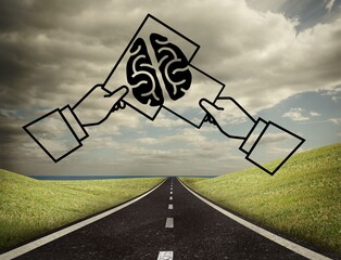 Two hands graphic holding a brain on counrtyside