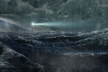 Stormy sea with lighthouse