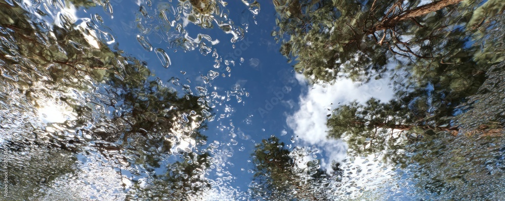 Poster view of sky and tree tops through water droplets on glass surface creating distorted reflection effe