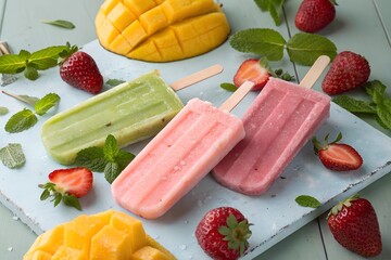 Delicious frozen pops in a variety of flavors are displayed alongside slices of ripe mango, fresh strawberries, and fragrant mint leaves, perfect for a warm summer day.