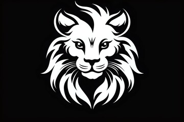 Obraz premium White lion head silhouette with detailed mane and fierce expression on black background, isolated design element for logos, tattoos and creative projects.