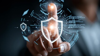A hand is pointing towards a glowing digital shield icon, symbolizing cybersecurity and data protection in a futuristic interface. - Powered by Adobe
