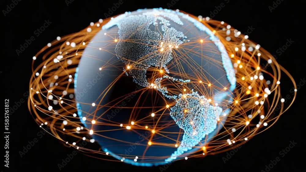 Poster global connection: a striking digital rendering of the earth, enveloped by interconnected nodes and 