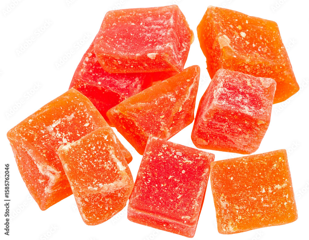 Poster close up of dried papaya cubes falling against a transparent background, creating a vibrant and appe