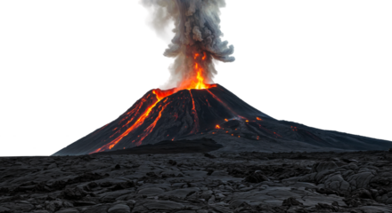 a powerful volcano eruption with glowing lava and dark smoke