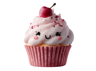 Adorable pink cupcake with cherry topping sweet treat dessert, Isolated On White, Transparent Background, Png